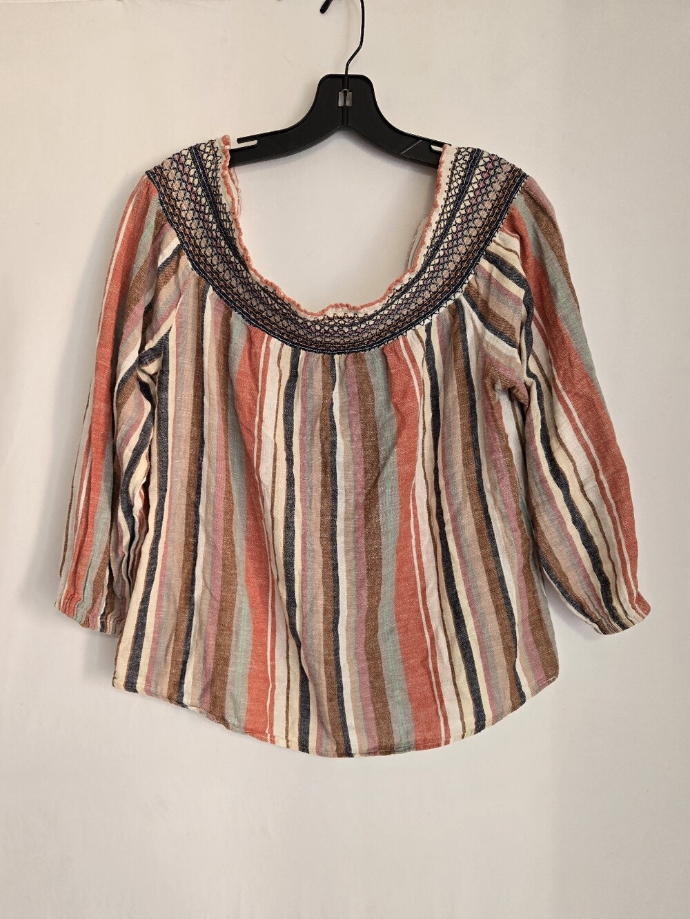New Look Women’s Large Linen Blend Striped Peasant Blouse Boho Smocked Top